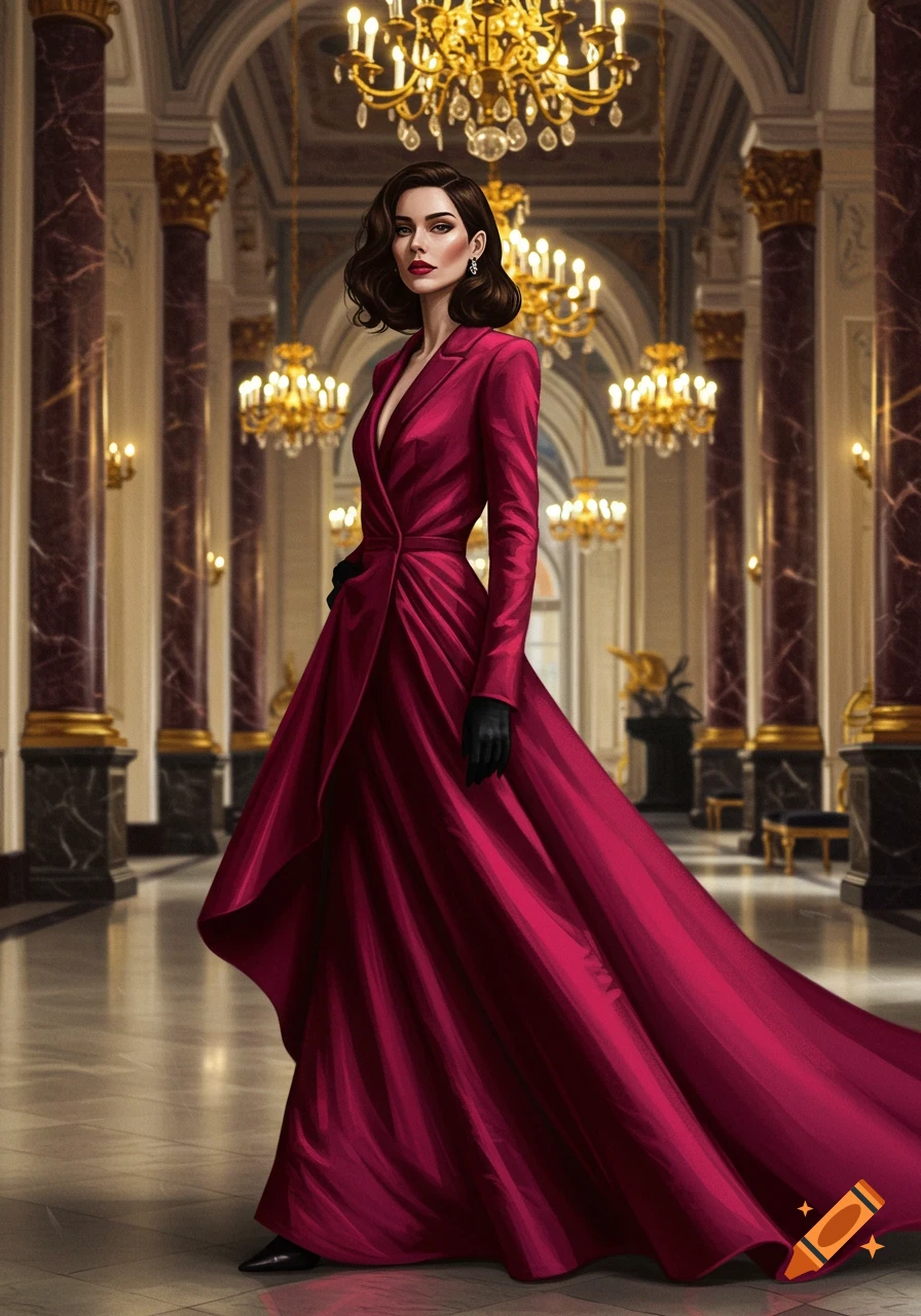 A woman in a flowing deep pink gown and black gloves stands in an opulent hall with chandeliers and marble columns.