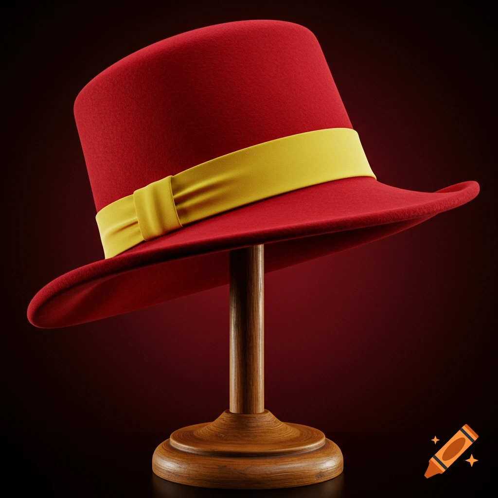 A photorealistic red derby hat with a yellow band sits on a wooden hat stand against a dark red background.