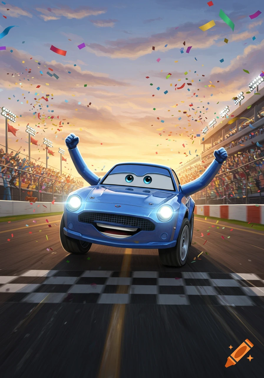 A blue cartoon car with arms raised in victory crosses a race finish line with confetti falling, a cheering crowd, and a sunset sky.