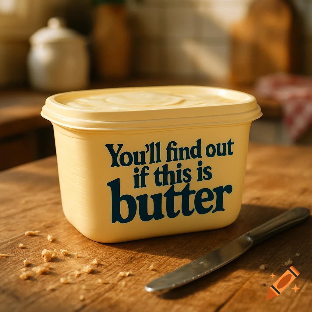 A photorealistic image of a yellow tub of butter on a wooden counter with a knife, labeled "You'll find out if this is butter"
