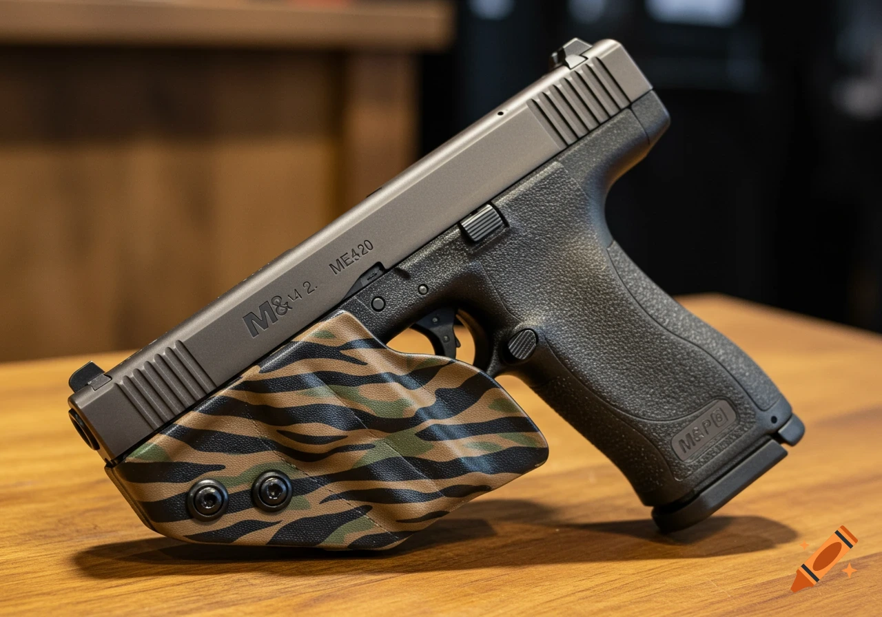 A realistic photo of an M&P handgun in a tiger stripe kydex holster, sitting on a wooden table.