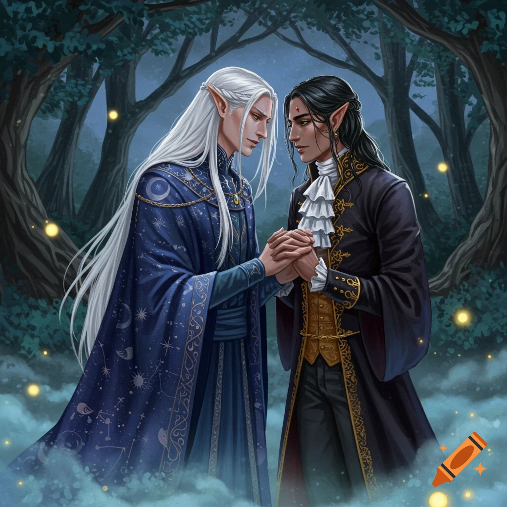 Digital painting of two male fantasy characters with long hair and pointed ears holding hands in an enchanted forest.