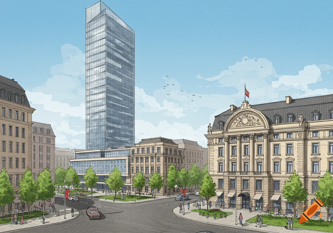 Detailed architectural drawing of a city street with a modern glass skyscraper, classical building, trees, and people.