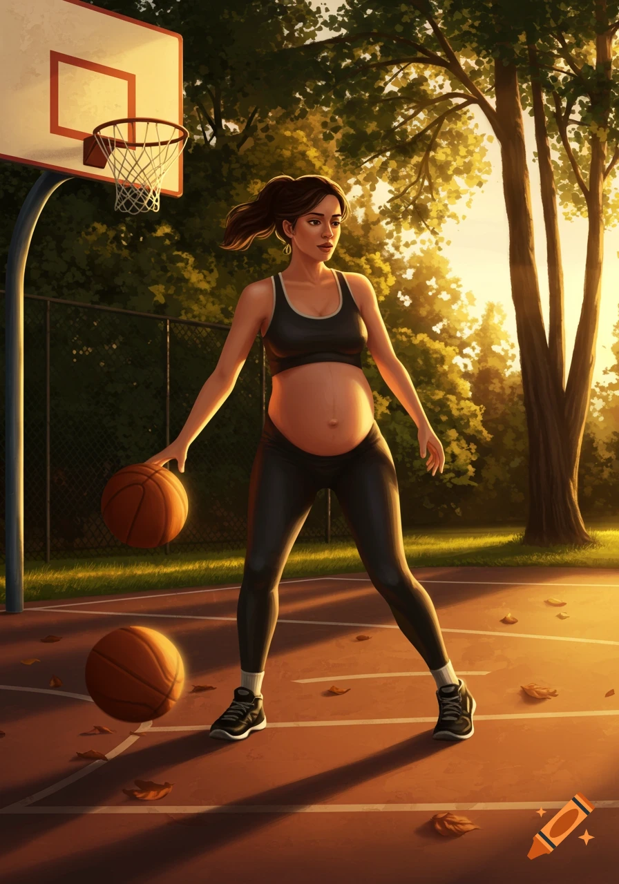 A pregnant woman in a sports bra and leggings dribbles a basketball on an outdoor court at sunset, digital art.