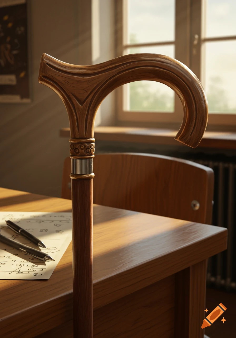 Photorealistic image of a carved wooden cane handle and shaft standing on a wooden desk with pens and papers, a sunlit window in the background.