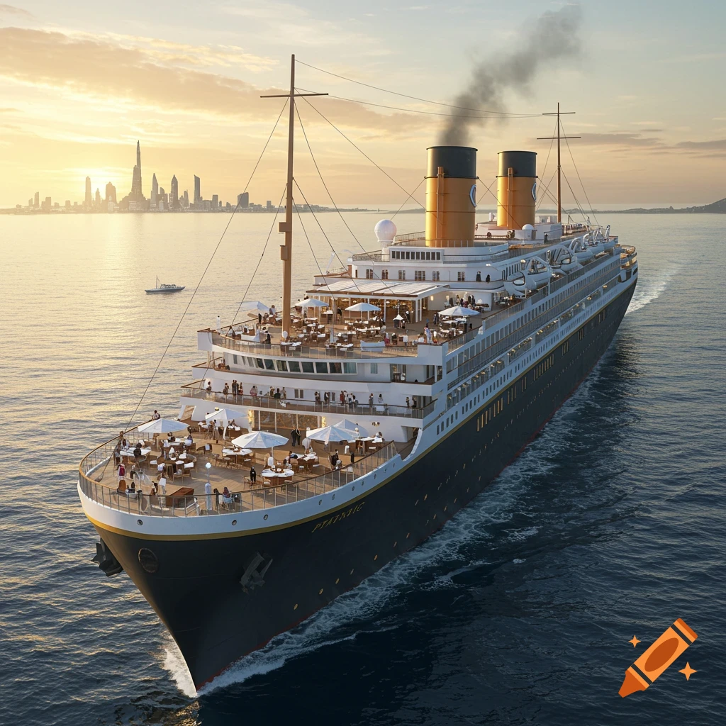 A large, luxurious cruise ship, designed in the style of the Titanic, sails on a calm ocean at sunset with a distant city skyline.