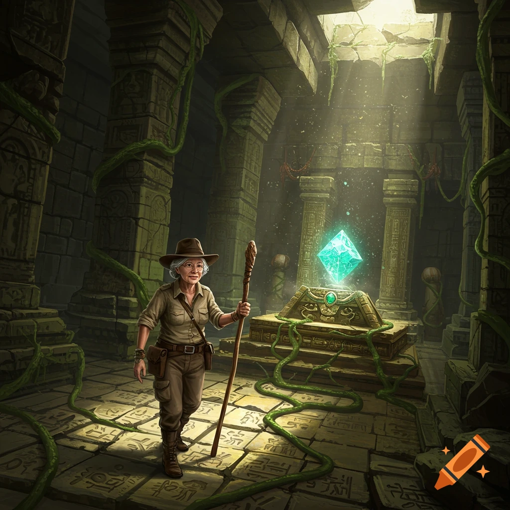 An elderly woman explorer in a safari hat and outfit walks through ancient, vine-covered temple ruins towards a glowing turquoise crystal.
