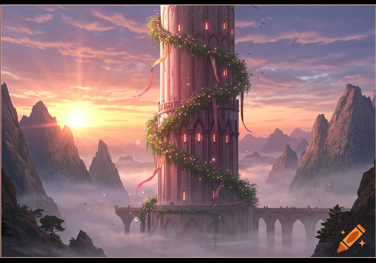 A majestic fantasy castle tower adorned with glowing vines and pink ribbons, standing amidst misty mountains at sunset.