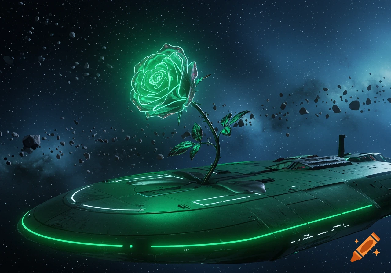 A vibrant green neon rose grows from the hull of a sleek, dark green spaceship, floating amidst asteroids in deep space.