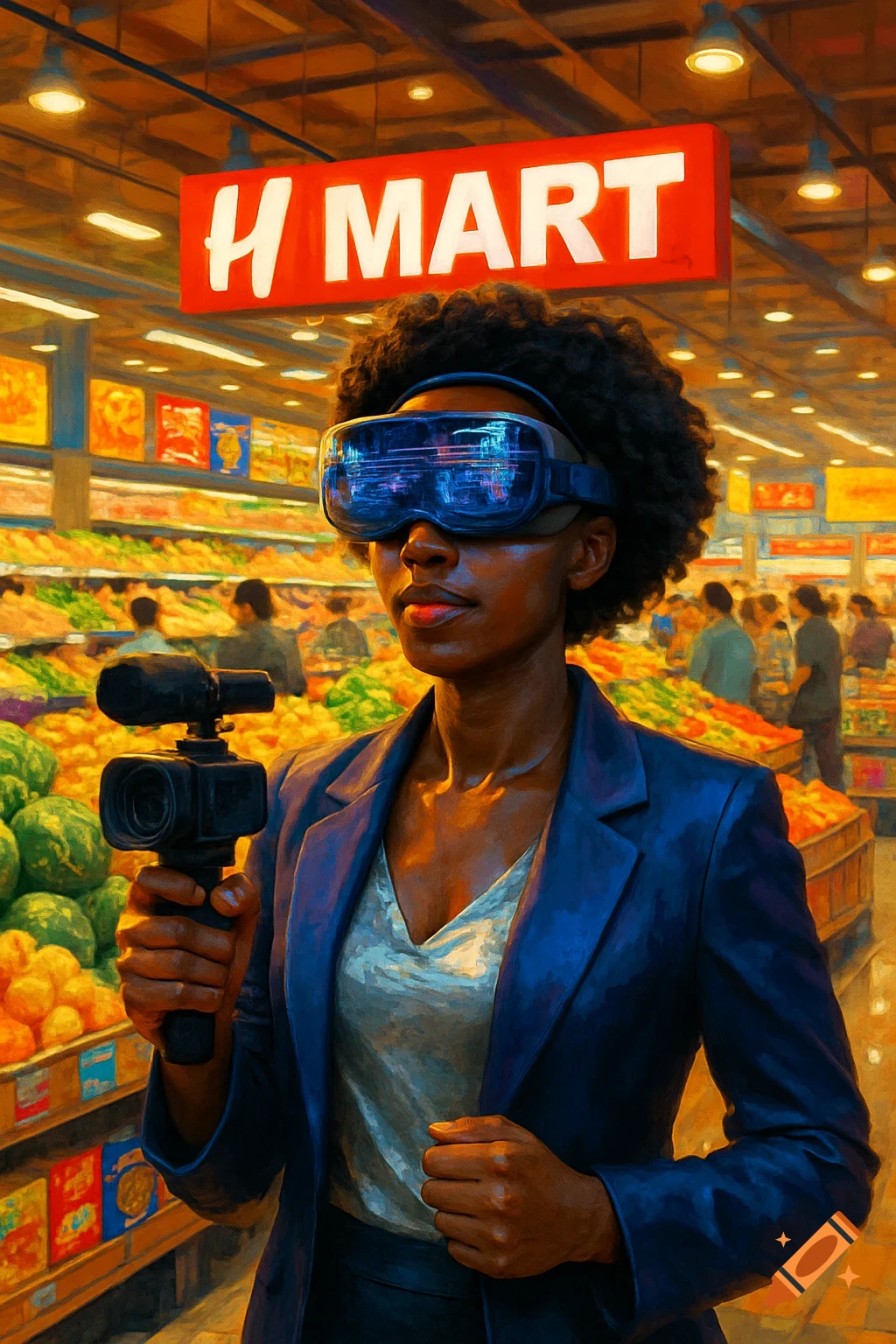 A Black woman in VR headset, holding a camera, stands in a vibrant H Mart grocery store.