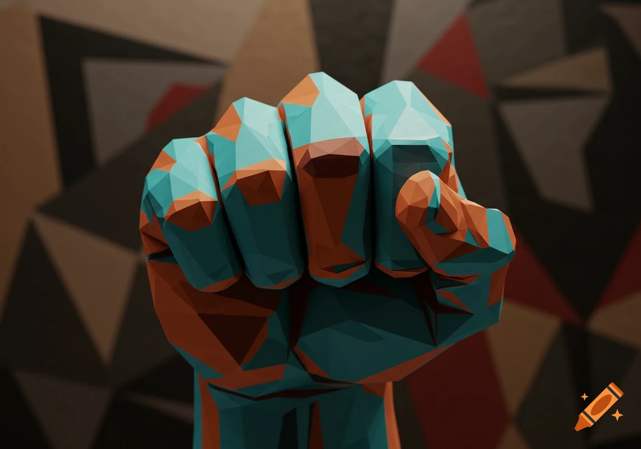 A stylized, low-poly fist rendered in teal and orange, set against a dark, abstract geometric background.