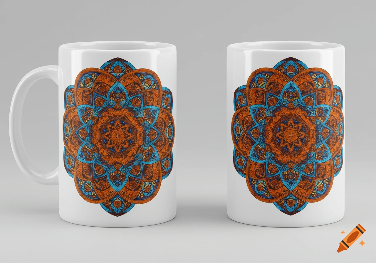 Two white ceramic mugs showcasing a vibrant orange and blue mandala pattern.