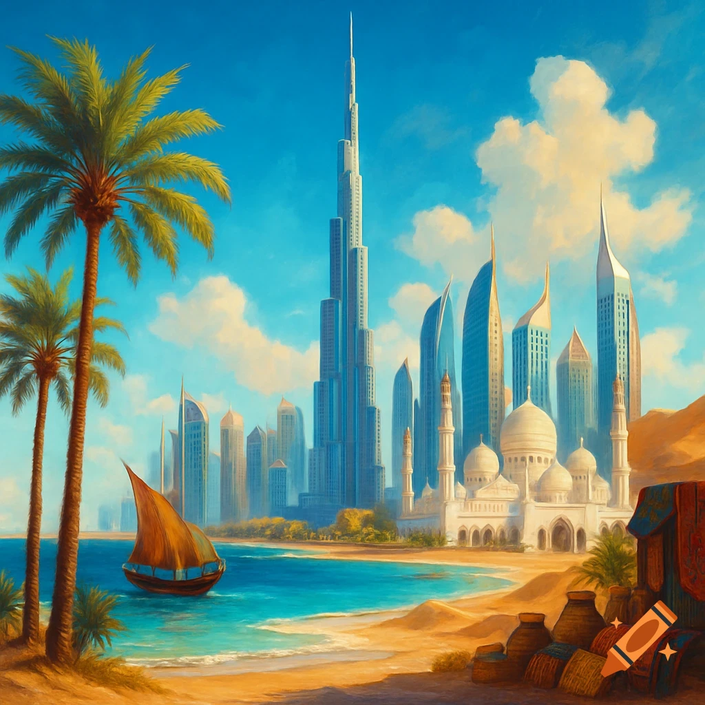 Painterly scene: tall skyscrapers, a white mosque, sandy beach, palm trees, and a boat in vibrant turquoise water.