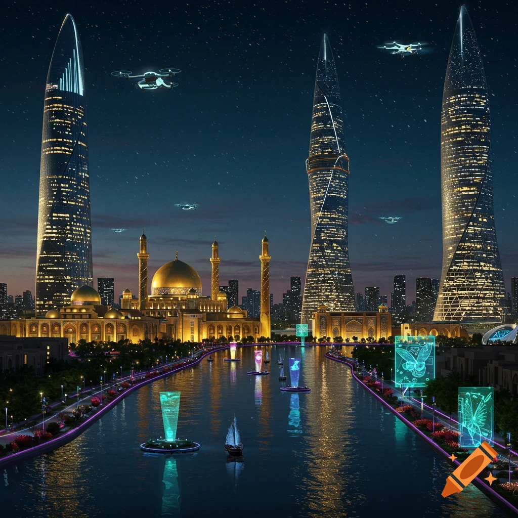 A vibrant futuristic city at night with a grand mosque, illuminated skyscrapers, a river with glowing installations, boats, and flying drones.