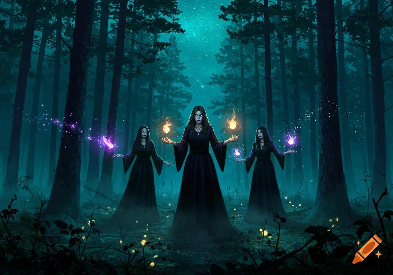 Three witches conjure fire and purple magic in a dark, misty pine forest at night, digital art.