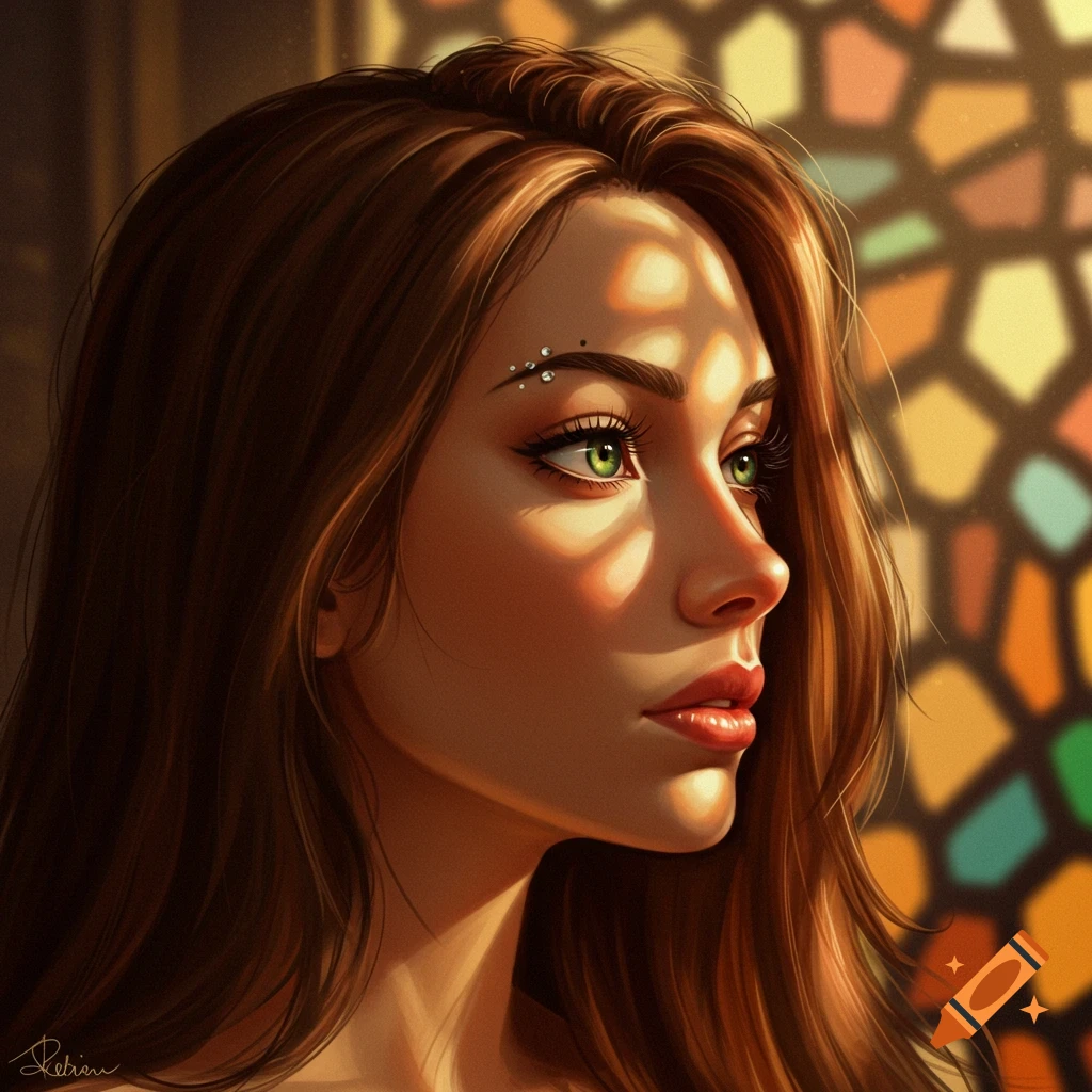 Stylized portrait of a young woman with long brown hair, green eyes, and an eyebrow piercing, light streaming through a colorful window.