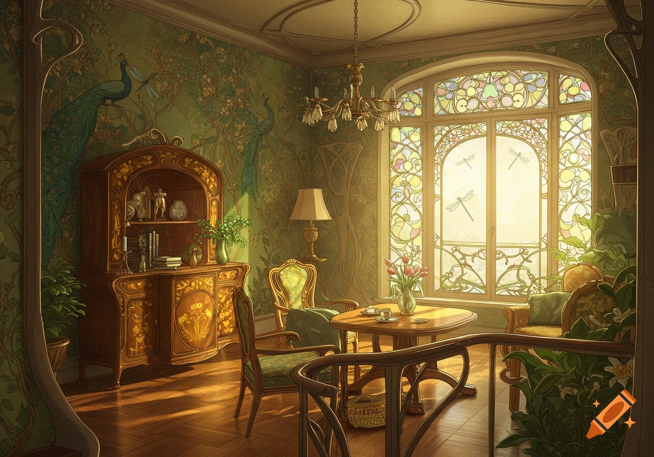 A lavish Art Nouveau living room with peacock wallpaper, ornate wooden furniture, and a large stained glass window.