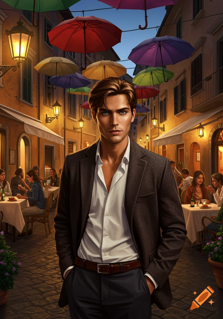 A handsome man stands on a cobblestone street at dusk, flanked by cafes, with colorful umbrellas and glowing lanterns overhead. Digital art.