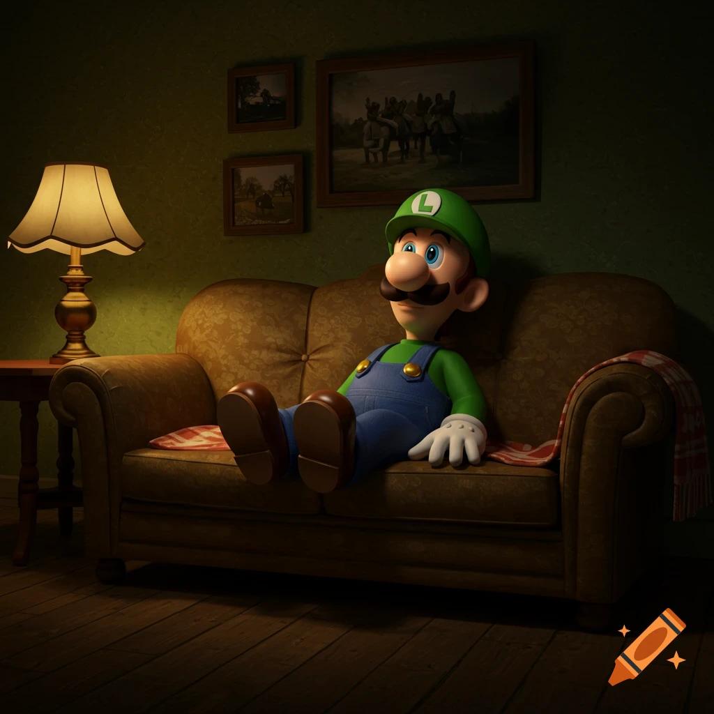 Luigi, a cartoon plumber, relaxes on a brown couch in a dimly lit living room.