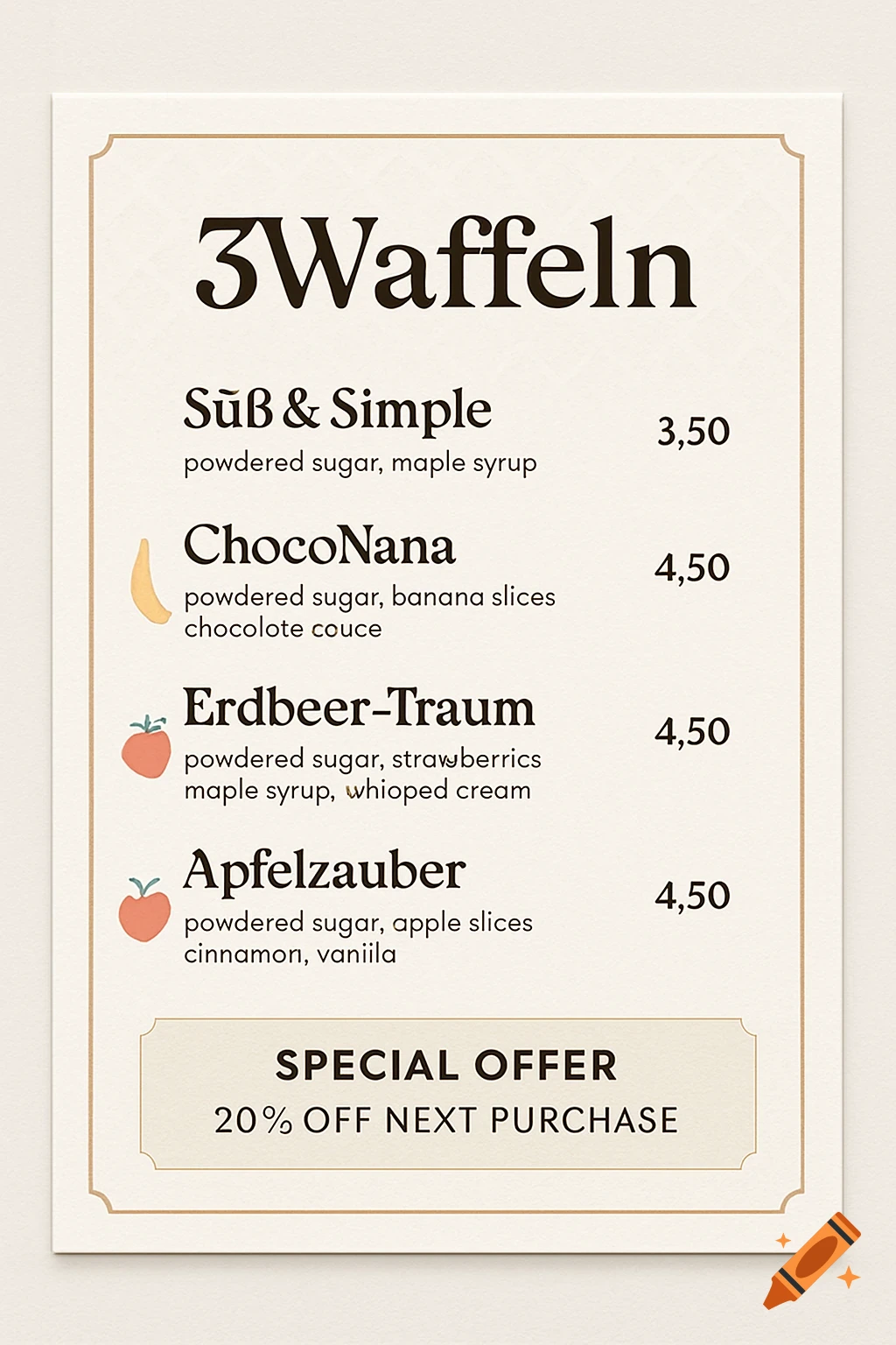 A beige menu for "3Waffeln" with four waffle items, prices, descriptions, and small fruit icons. A "Special Offer" at the bottom reads "20% OFF NEXT PURCHASE".