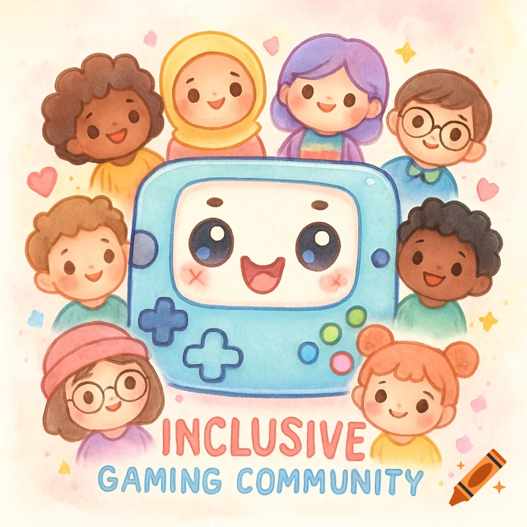 A cute kawaii-style watercolor illustration of diverse children surrounding a smiling, anthropomorphic light blue gaming handheld. Text reads: Inclusive Gaming Community.