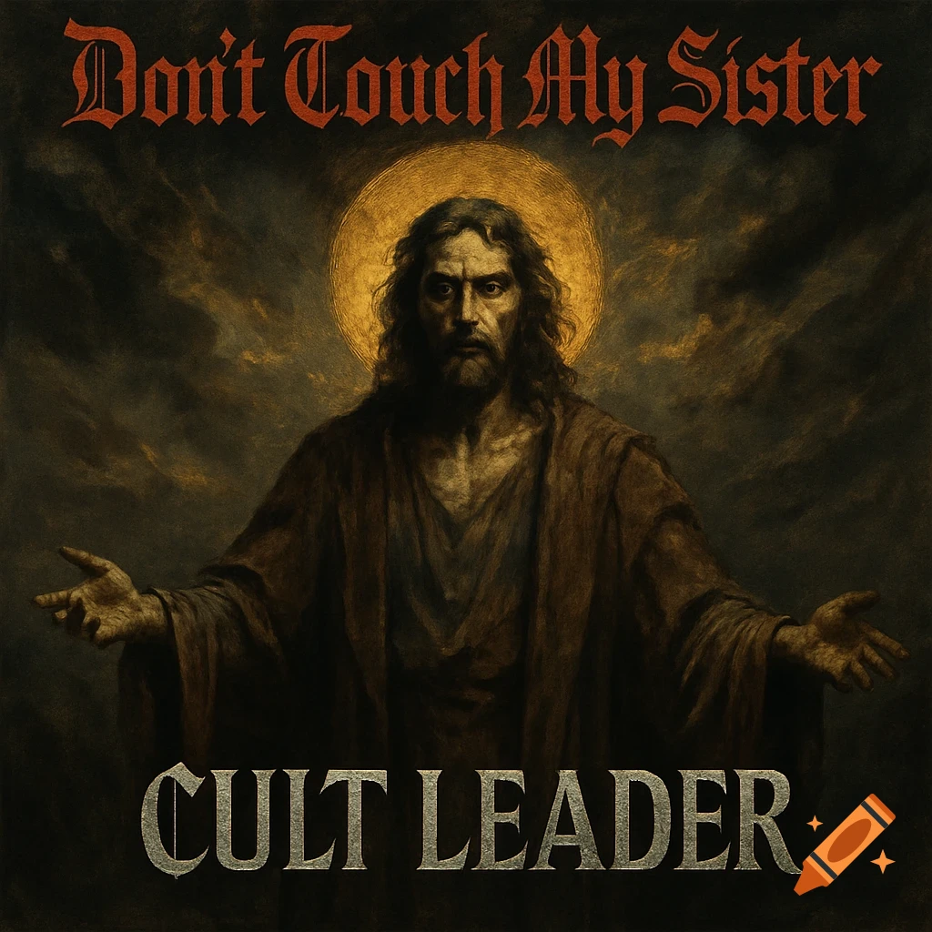 A dark, painterly image of a Christ-like figure with a golden halo and outstretched hands, framed by the text 'Don't Touch My Sister' and 'CULT LEADER'.