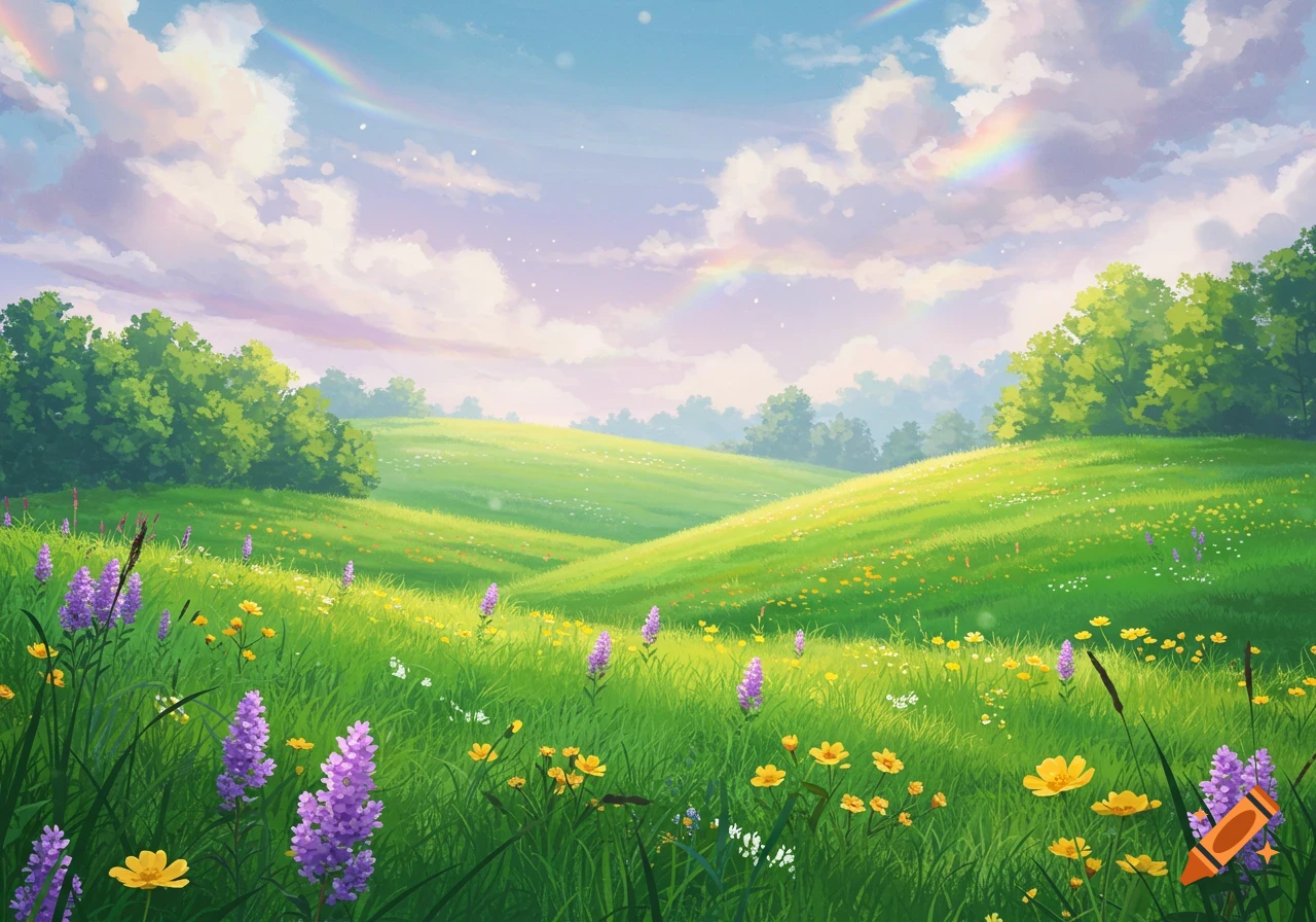 A peaceful fantasy digital illustration of green rolling hills, trees, purple and yellow flowers, and soft rainbows in a pastel sky.