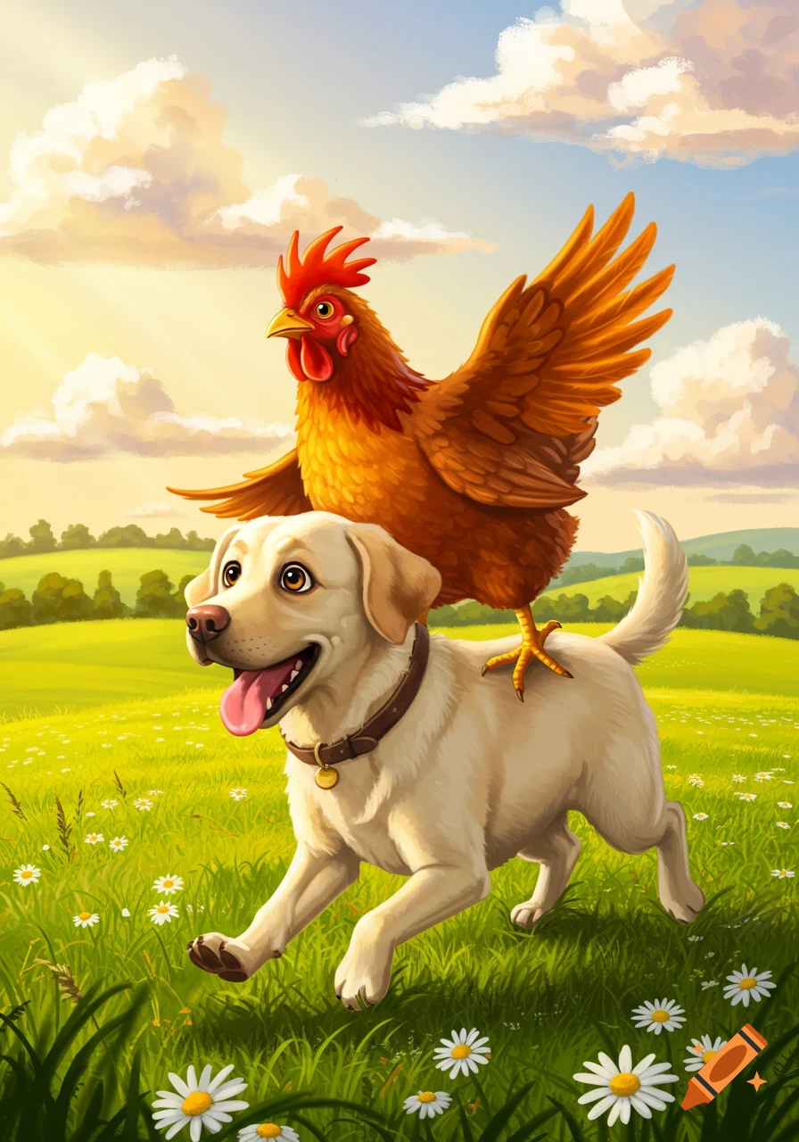 Vibrant illustration of a happy golden retriever dog with a chicken riding on its back, running through a sunny field of daisies.