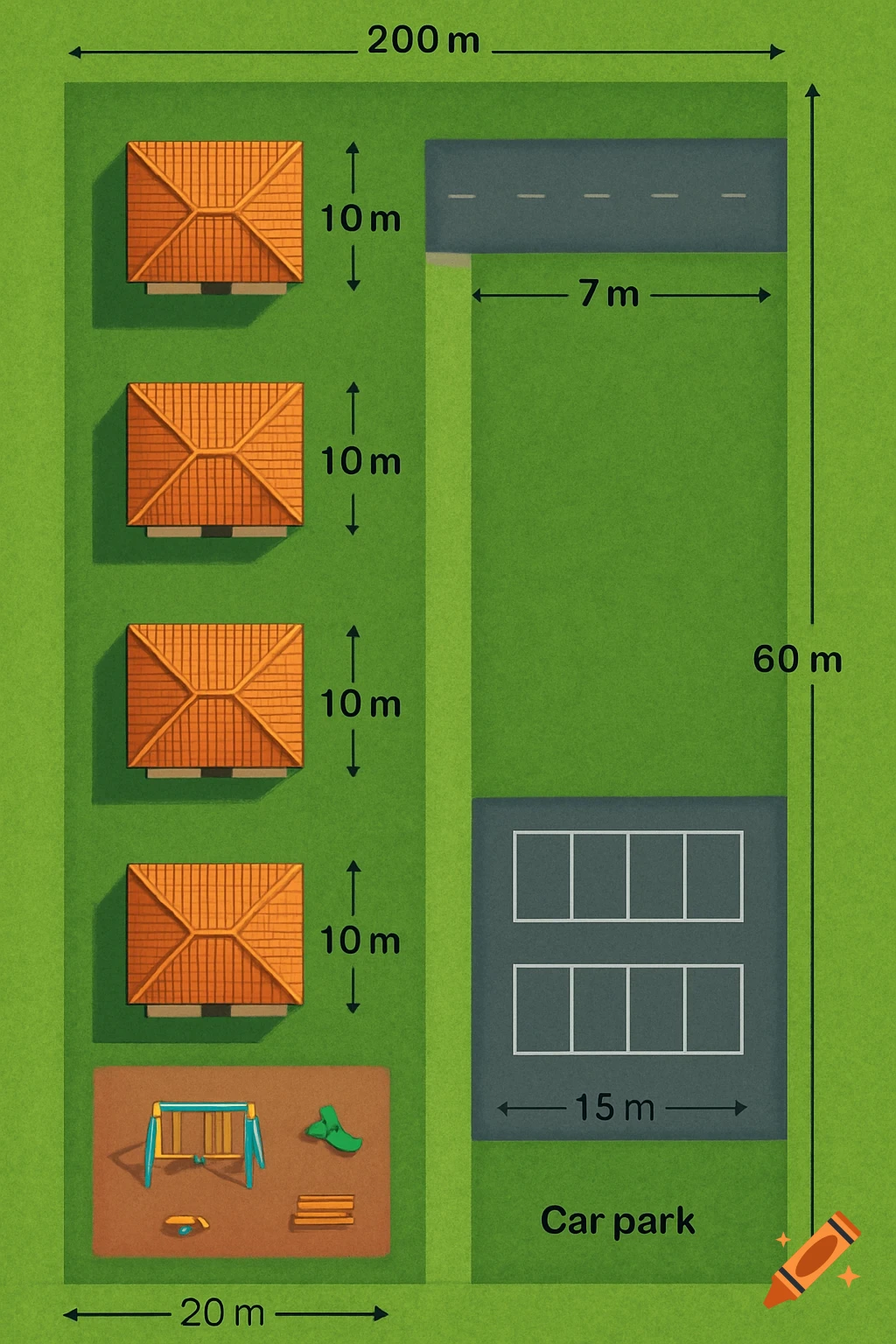 Overhead diagram of a land plot with four houses, a road, a playground, a car park, and labeled dimensions.
