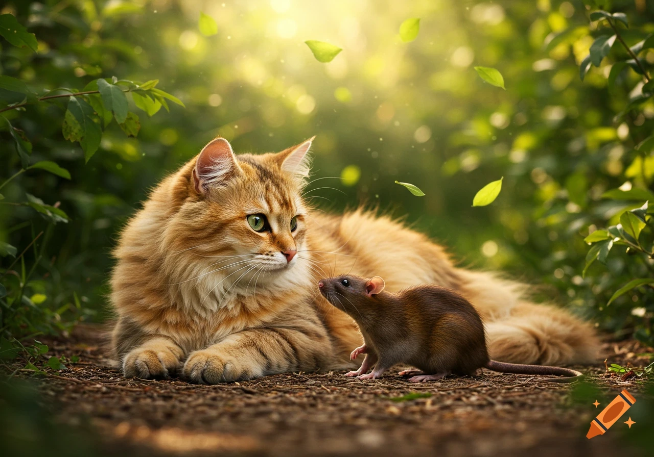 A fluffy orange cat lies on a dirt path, looking intently at a brown rat standing in front of it, surrounded by green foliage and sunlight.