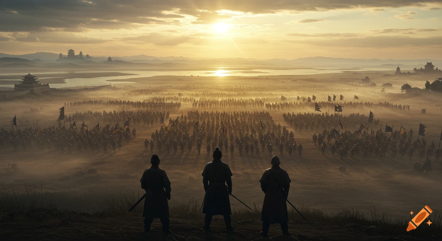 Three silhouetted figures on a hill overlook a vast ancient army arrayed for battle in a misty valley at sunrise.
