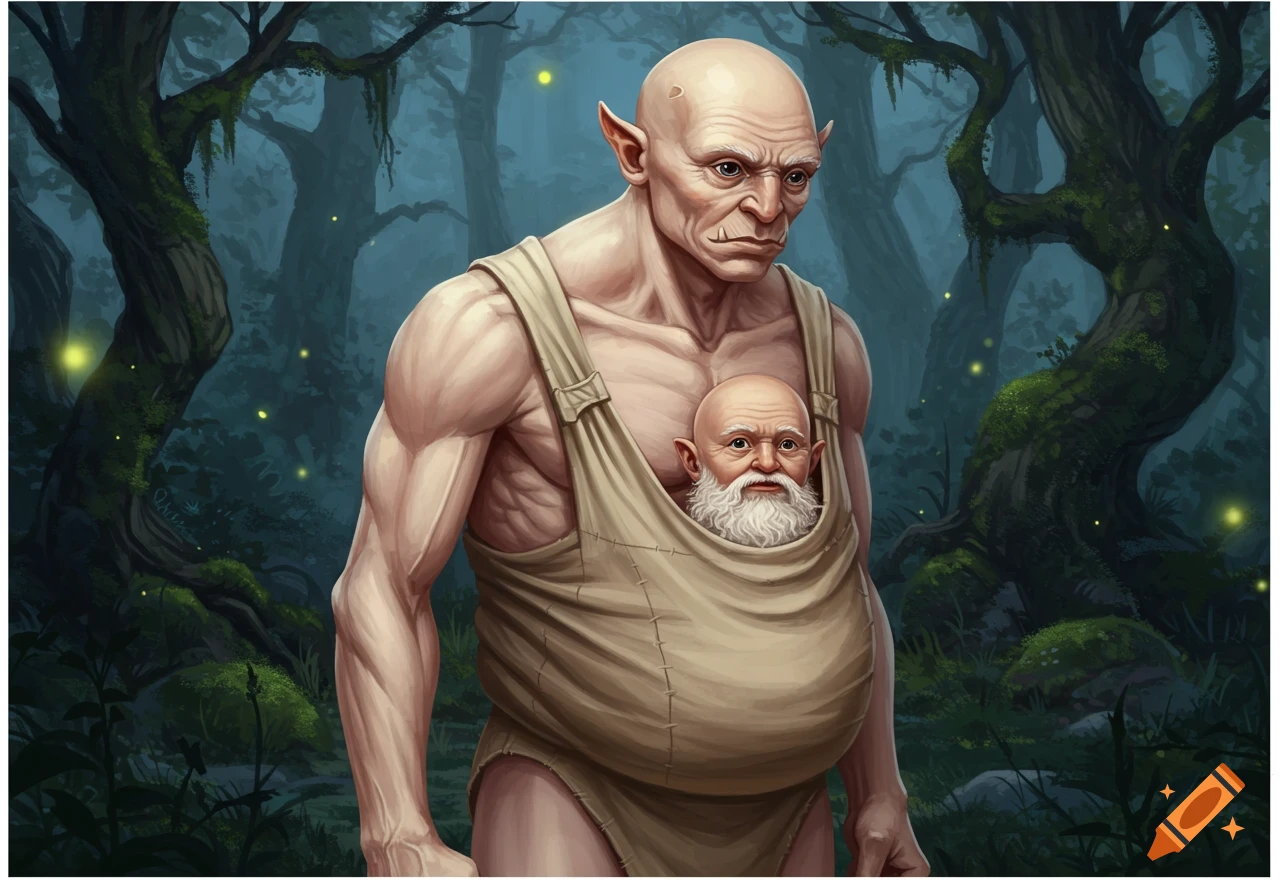A muscular, bald goblin-like creature carries a small, bearded old man in a papoose through a dark, mossy forest with fireflies.
