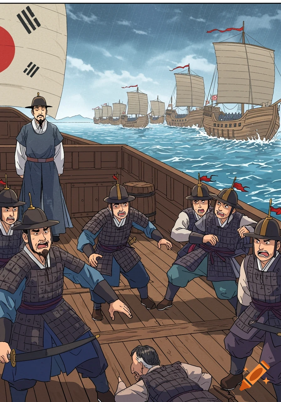 Joseon-era Korean navy soldiers on a warship look panicked as Japanese warships approach under a dramatic sky. Admiral Yi Sun-sin stands calmly in the background. Cartoon style.