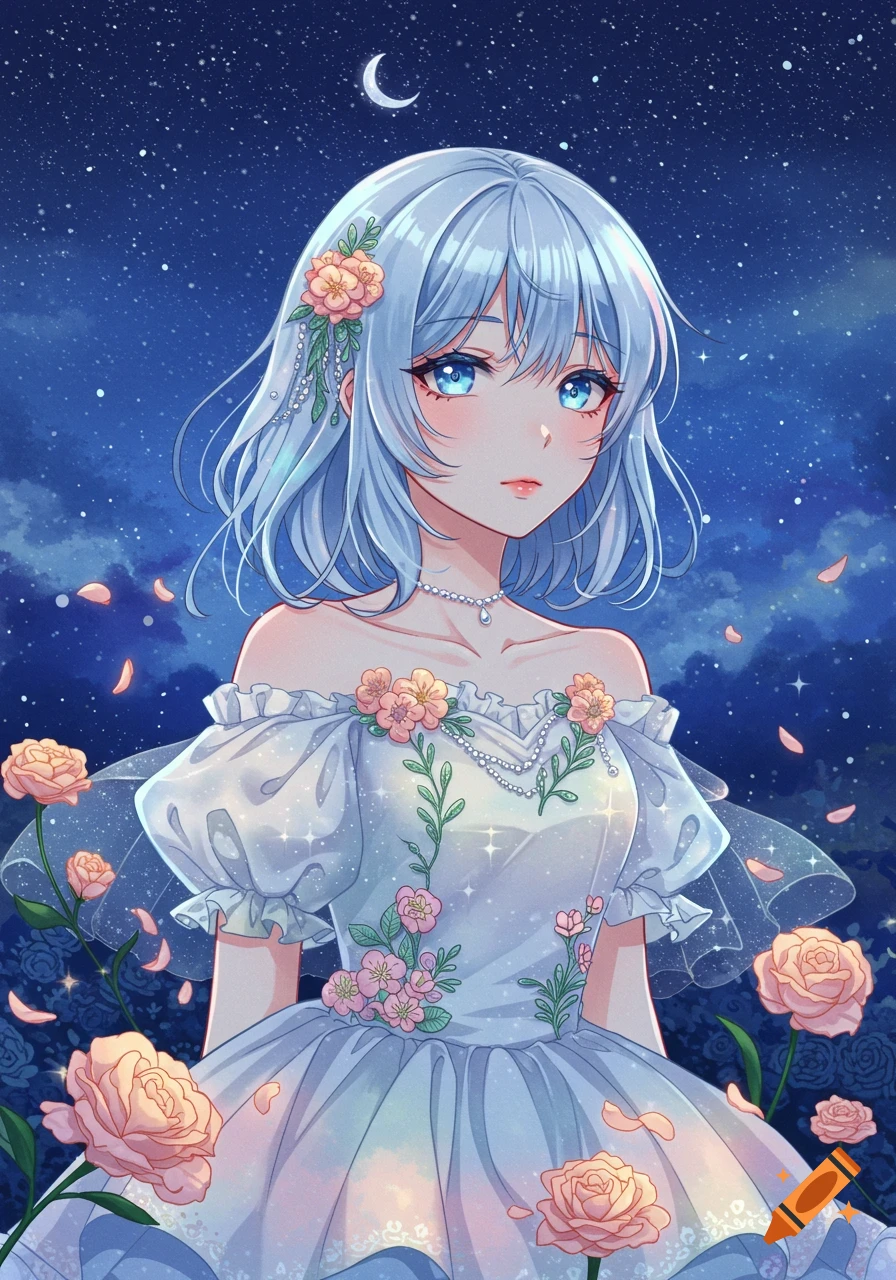 Anime girl with light blue hair and blue eyes in a pastel floral dress, under a starry night sky with a crescent moon and floating roses.