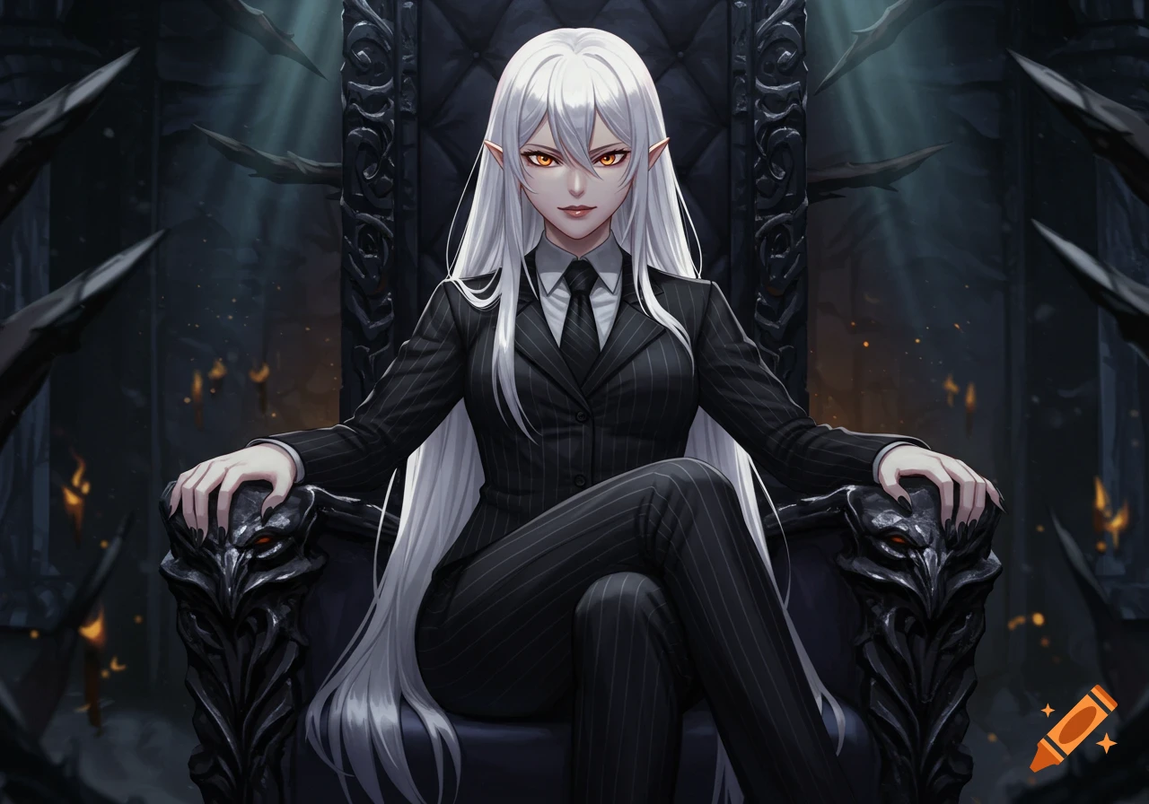 An anime vampire girl with long white hair and golden eyes sits regally on an ornate black throne, wearing a pinstripe suit.