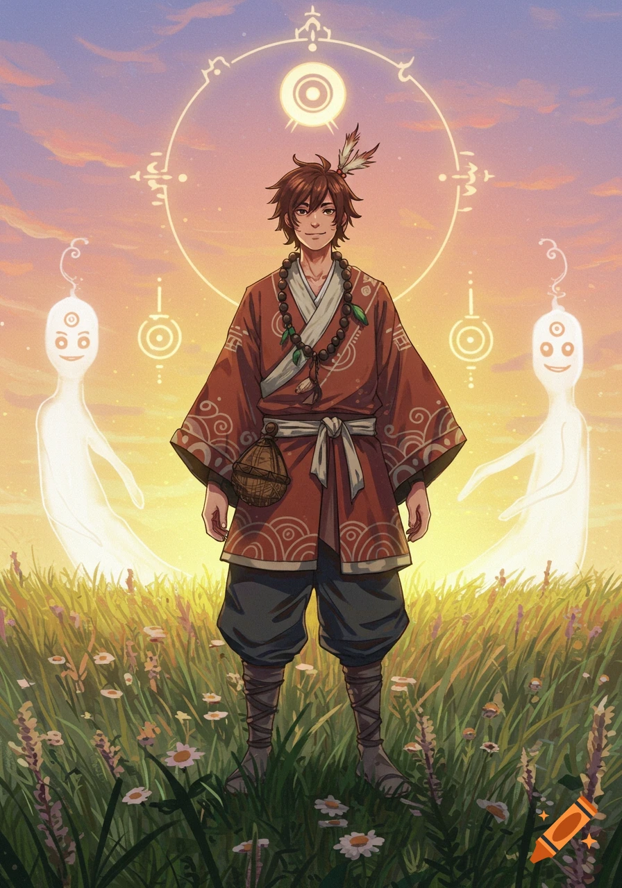 Anime-style man in a red patterned robe and beaded necklace stands in a wildflower field at sunset, flanked by two smiling white ghost figures.