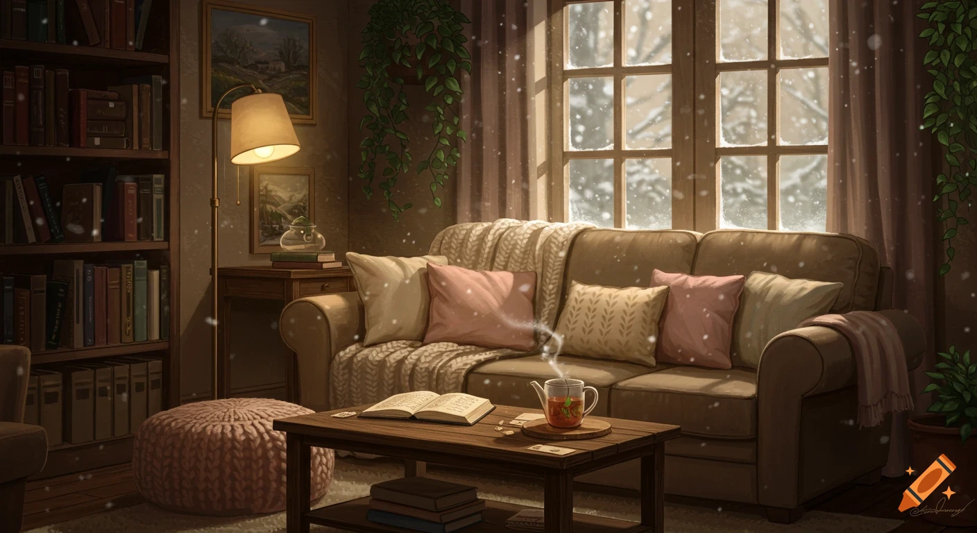 Cozy, warm-lit living room with a brown sofa, bookshelves, coffee table with tea and book, and snowy window view.
