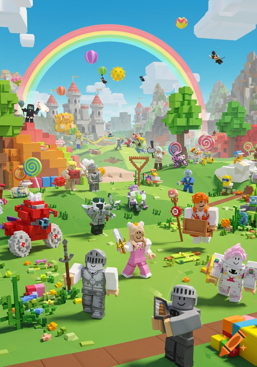 Colorful Roblox-style landscape with numerous blocky characters, castles, and a rainbow arching over a whimsical, green world.