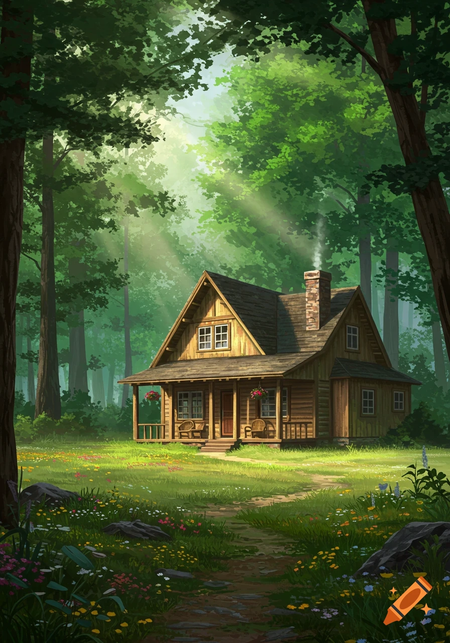 An illustrative scene of a rustic wooden cabin with a porch in a lush, sun-dappled forest, surrounded by wildflowers and a path.