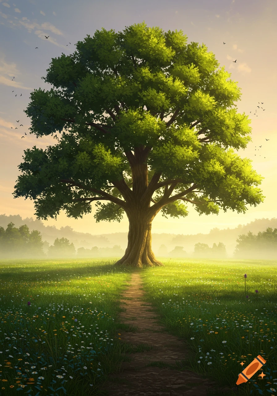 An illustrative landscape of a large green tree in a sunny, misty field with wildflowers and a dirt path.