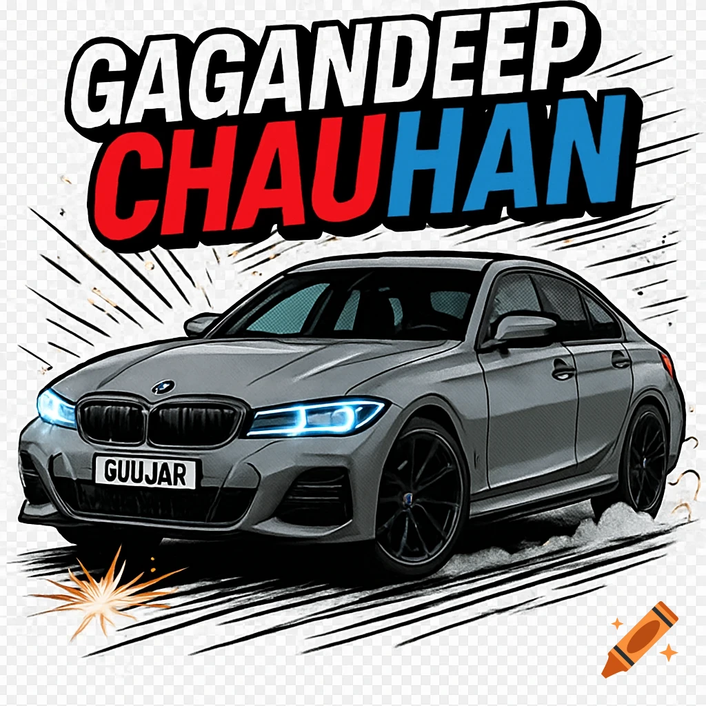 A stylized grey BMW 330i with glowing LED headlights and black alloy wheels. Above the car, bold white, red, and blue text reads "GAGANDEEP CHAUHAN".