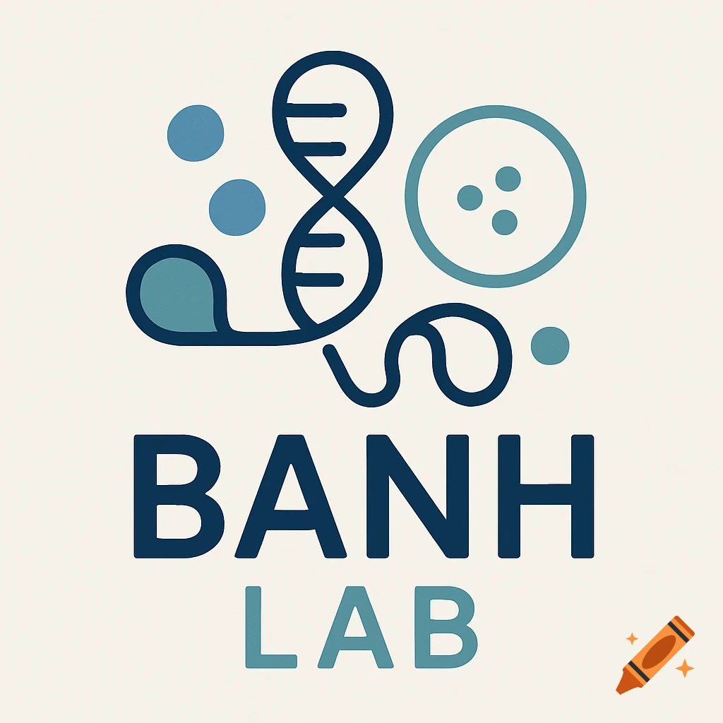 A modern, minimalist logo with a stylized DNA strand, circles, and the text 'BANH LAB' in blue and teal.