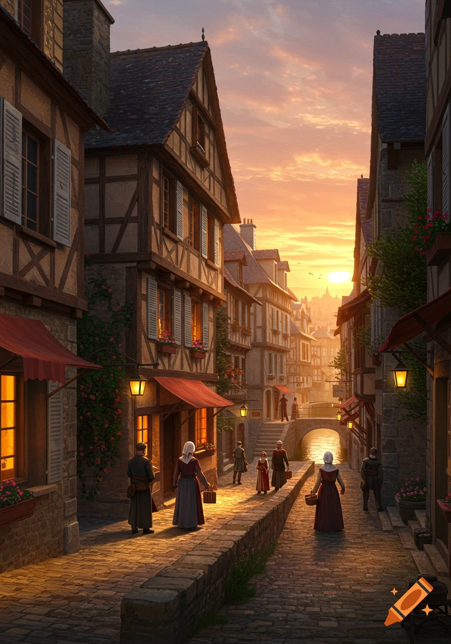 A picturesque medieval town street at sunset, with timber-framed buildings, cobblestones, and people walking towards a bridge over water.