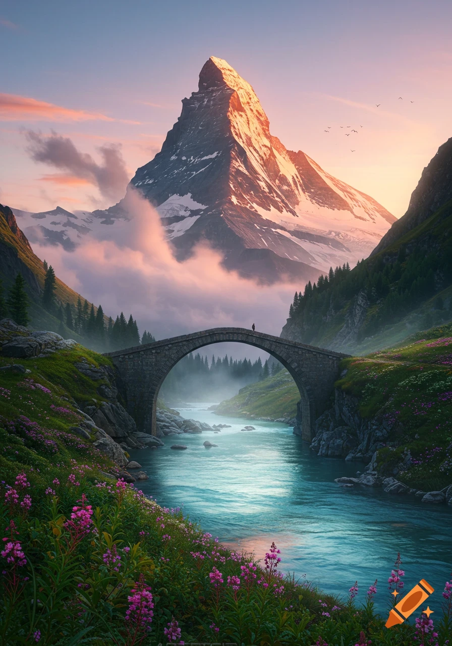 A majestic snow-capped mountain bathed in warm sunlight at dawn, towering over a stone arch bridge spanning a turquoise river in a lush valley with pink flowers.