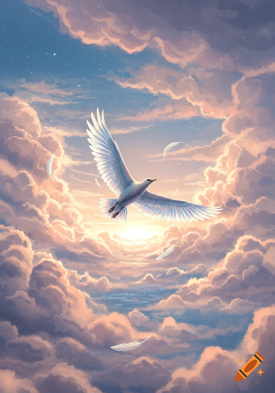 A white bird with outstretched wings soars through fluffy, warm-toned clouds towards a bright sky, with feathers falling.