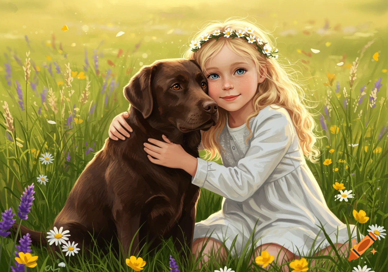 A blonde girl with a flower crown hugs a chocolate Labrador in a sunny field of green grass and wildflowers, digital art.
