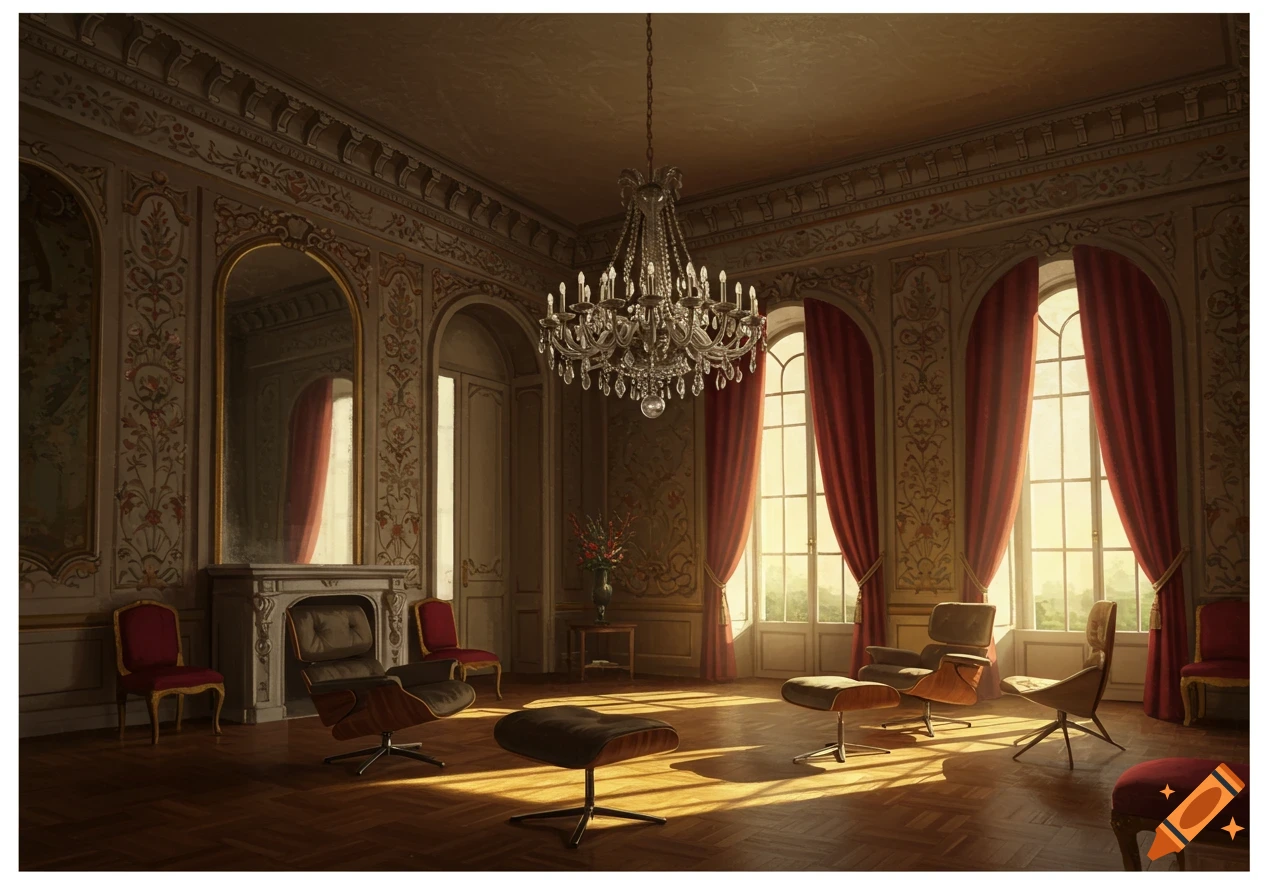 A luxurious baroque room features ornate walls, a crystal chandelier, large windows with red curtains, and mid-century modern chairs on a sunlit wooden floor.