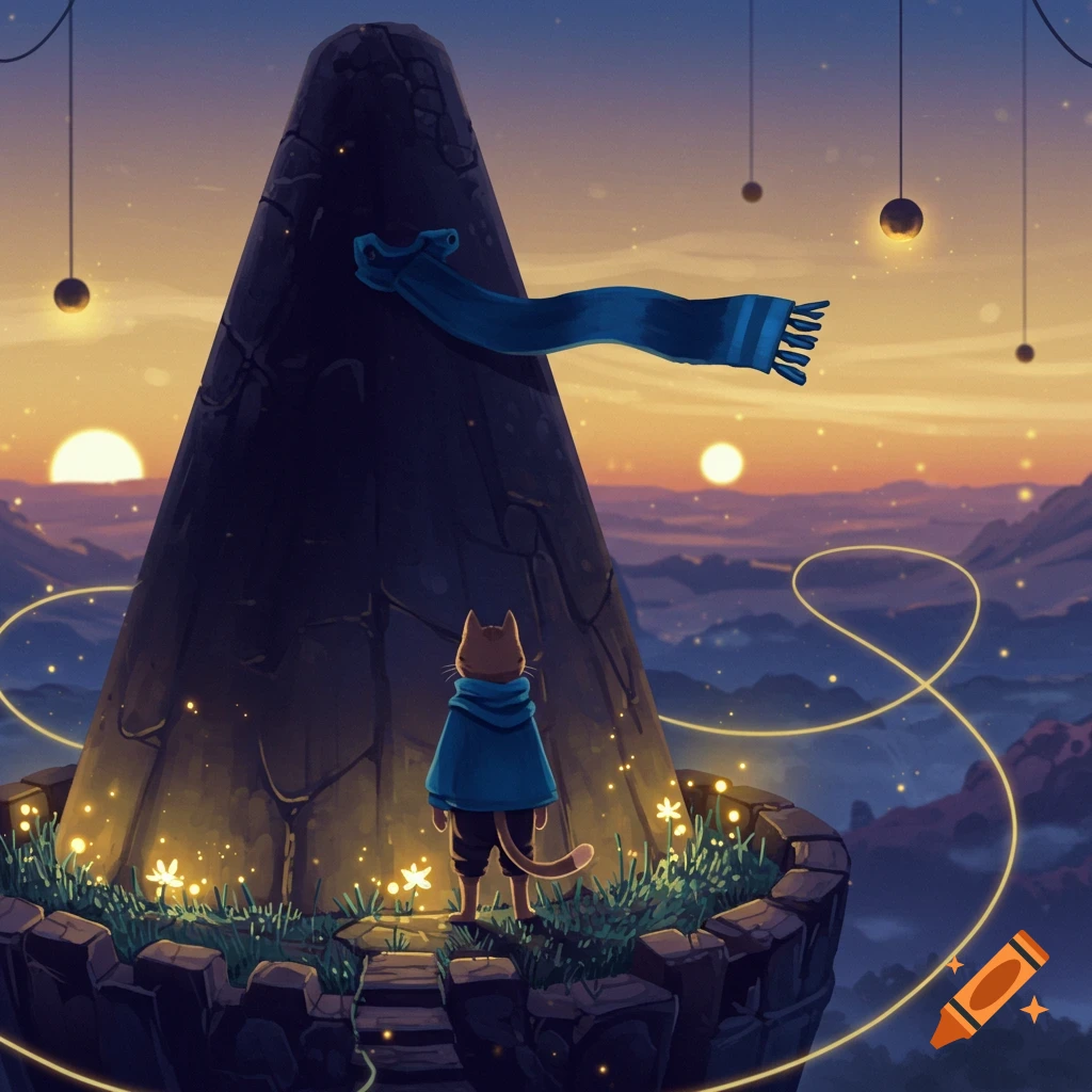 A cat-like character in a blue cloak on a glowing platform faces a conical tower at sunset, with mountains and two suns in fantasy art.