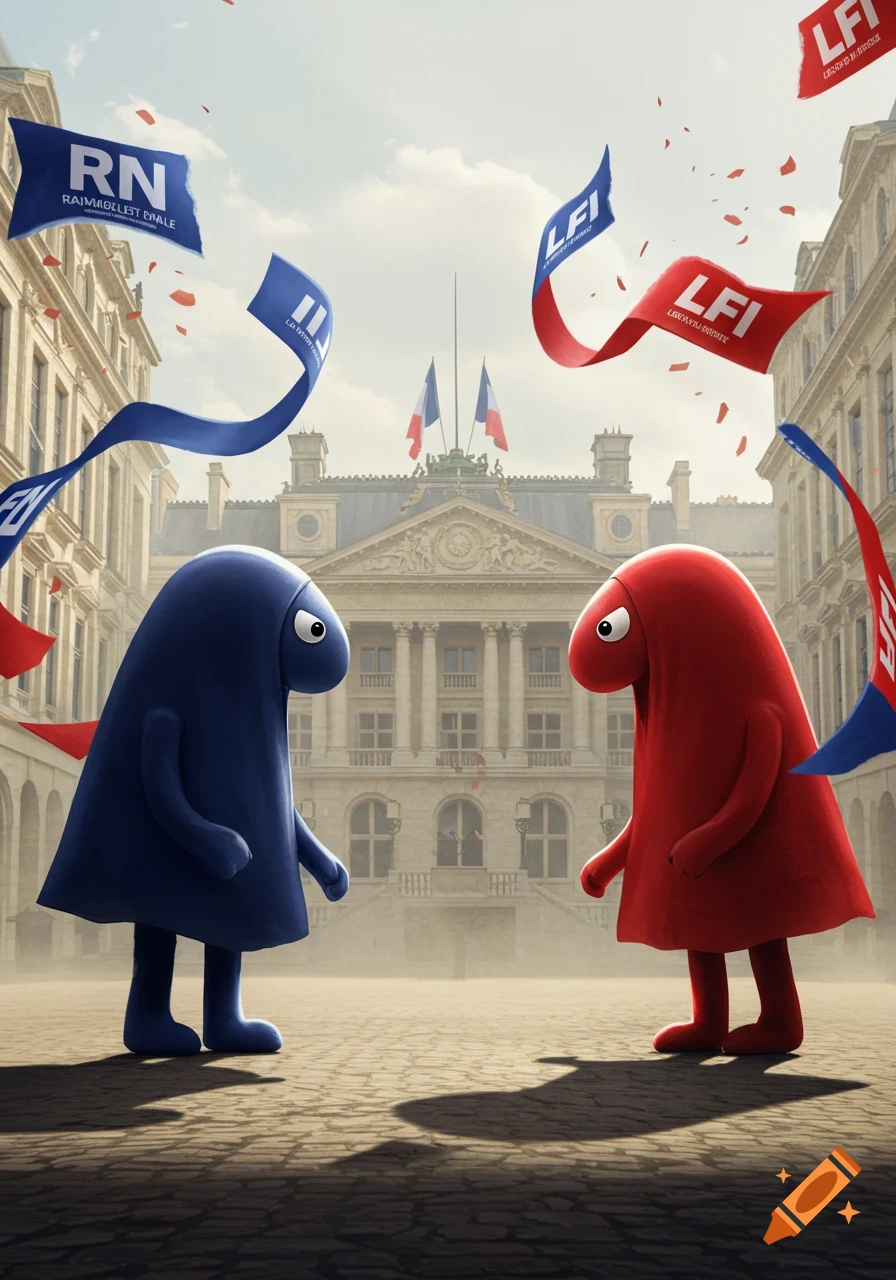 Two cartoonish, blob-like figures, one blue and one red, face each other in a European city square, with flags for "RN" and "LFI" flying around them.
