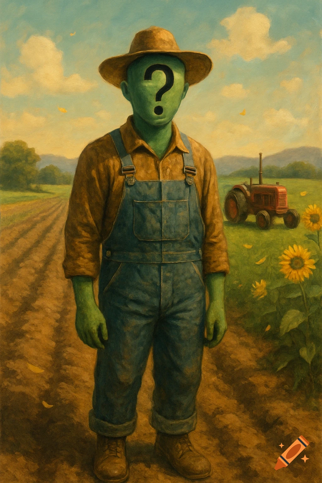 Painterly image of a green man with a black question mark face in a farmer's overalls, standing in a field with a red tractor and sunflowers.